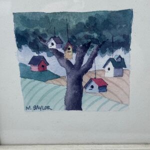 M Saylor Signed & Framed Birdhouse Watercolor By Artist Melissa Babcock Saylor